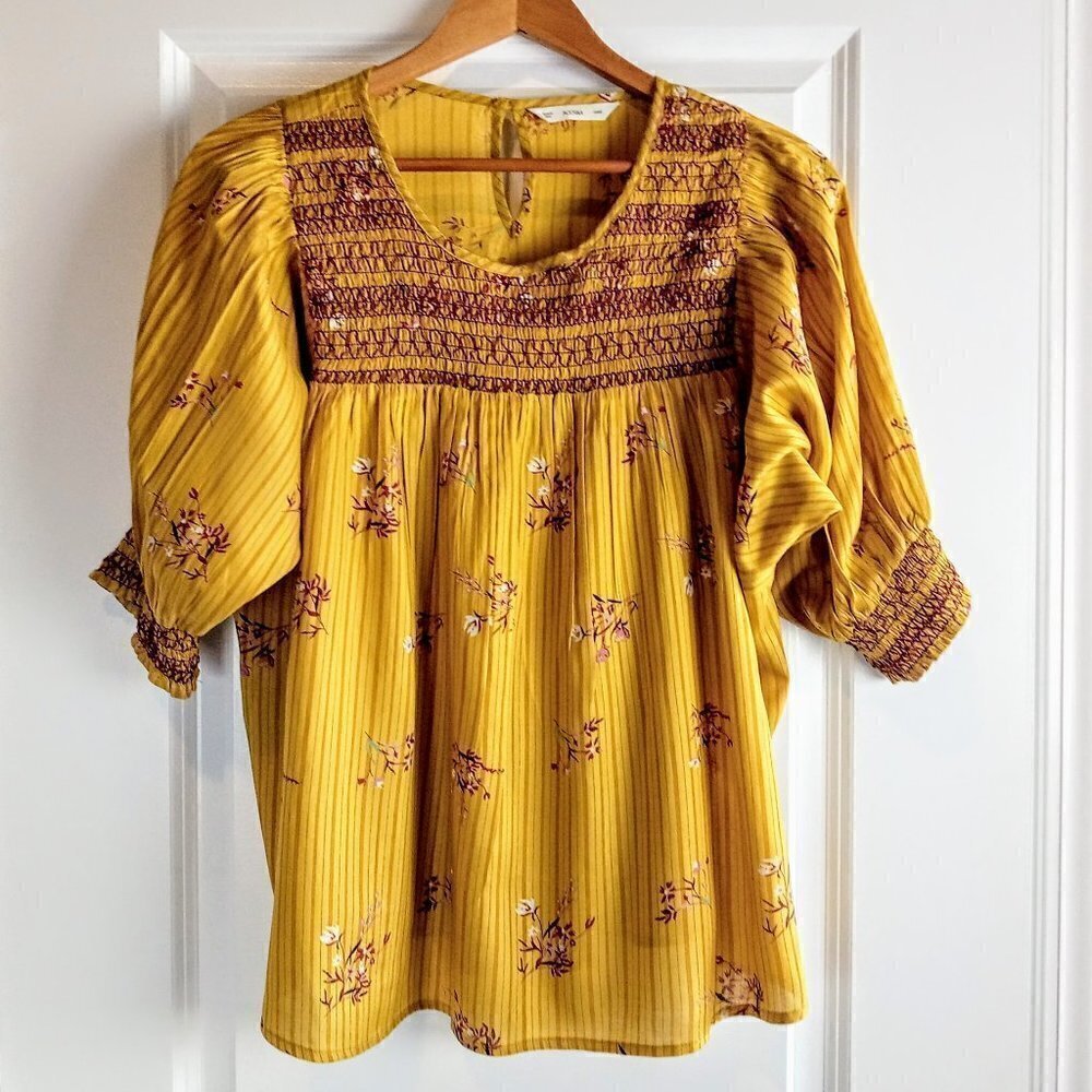 Acos&A Mustard Smocked Floral Tunic Top